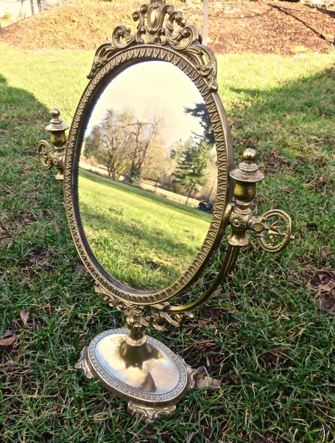Newest Aged Silver Vanity Mirrors Within Vintage Vanity Mirror Ornate Pedestal Mirror Antique Brass (View 8 of 15)
