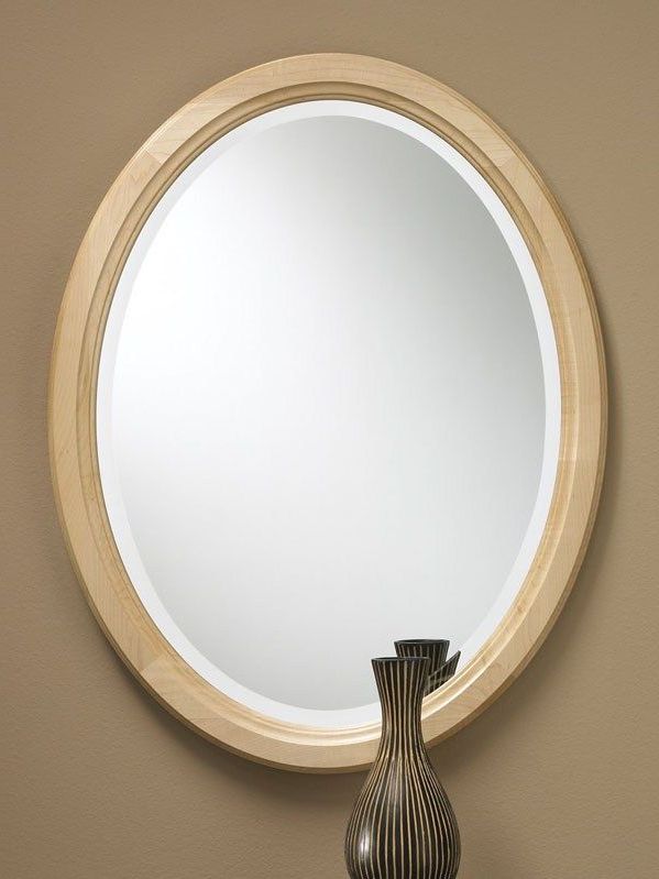 Newest Black Oval Cut Wall Mirrors Pertaining To Solid Maple Framed Clear Finish Oval Beveled Mirror (View 10 of 15)
