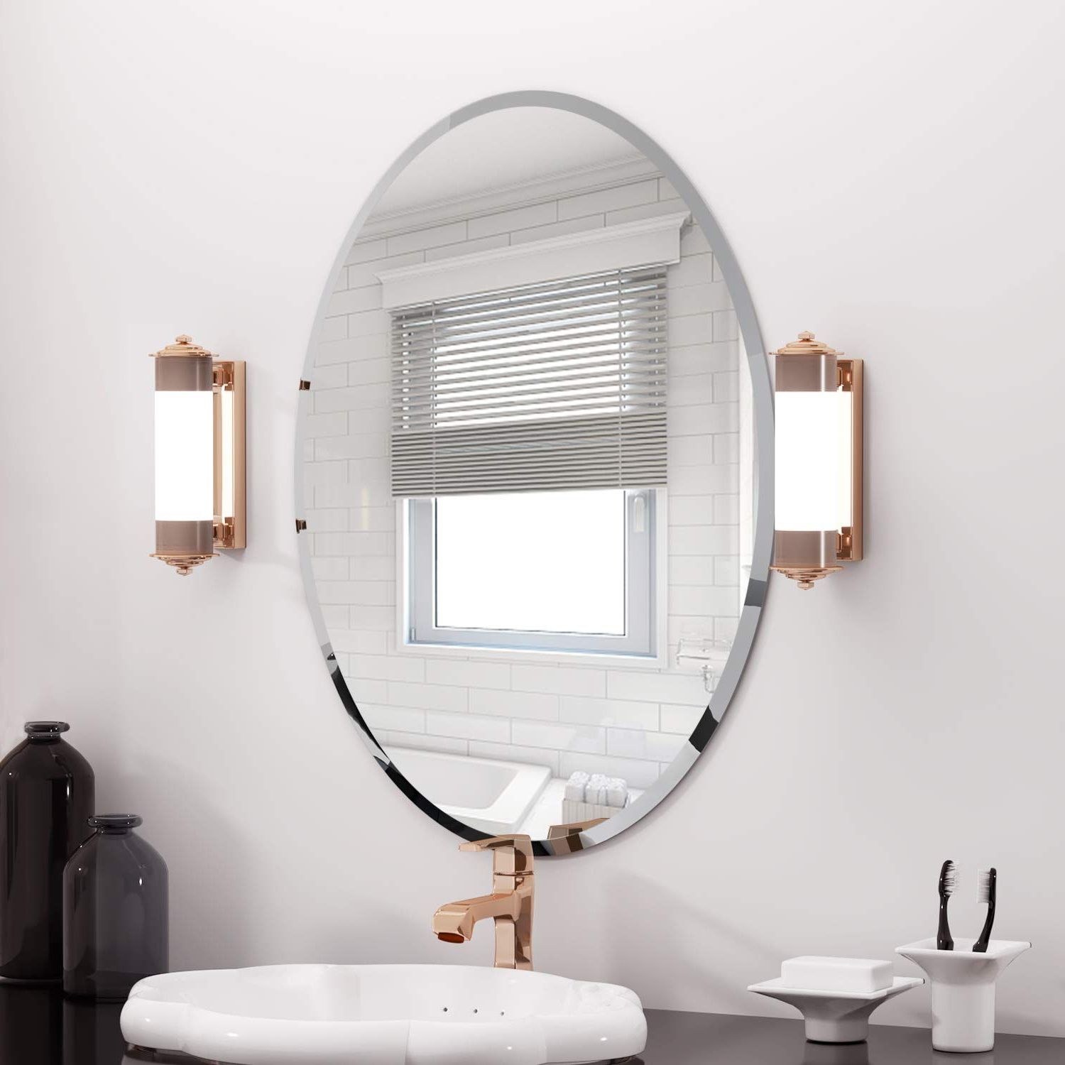 Newest Crown Frameless Beveled Wall Mirrors In Kohros Oval Beveled Polished Frameless Wall Mirror For Bathroom (View 5 of 15)