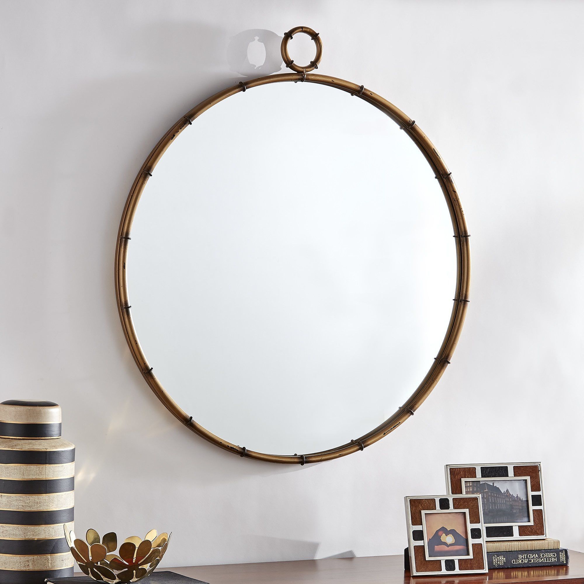Newest Marza Antiqued Brass Finish Round Wall Mirror With Decorative Ring Intended For Woven Metal Round Wall Mirrors (View 6 of 15)