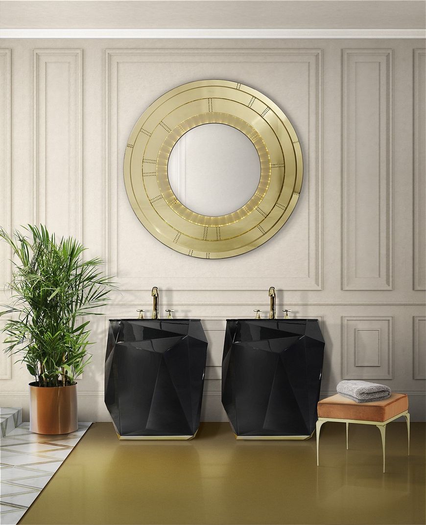 Preferred Round Staggered Nail Head Mirrors Throughout 5 Gold Accented Wall Mirrors To Enhance Your Luxury Bathroom Decor (View 5 of 15)