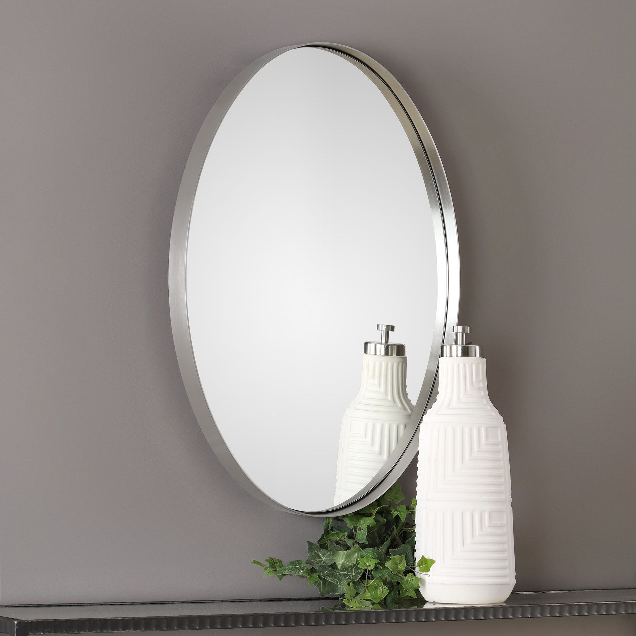 Pursley Contemporary Brushed Nickel Oval Framed Wall Mirror (View 14 of 15)