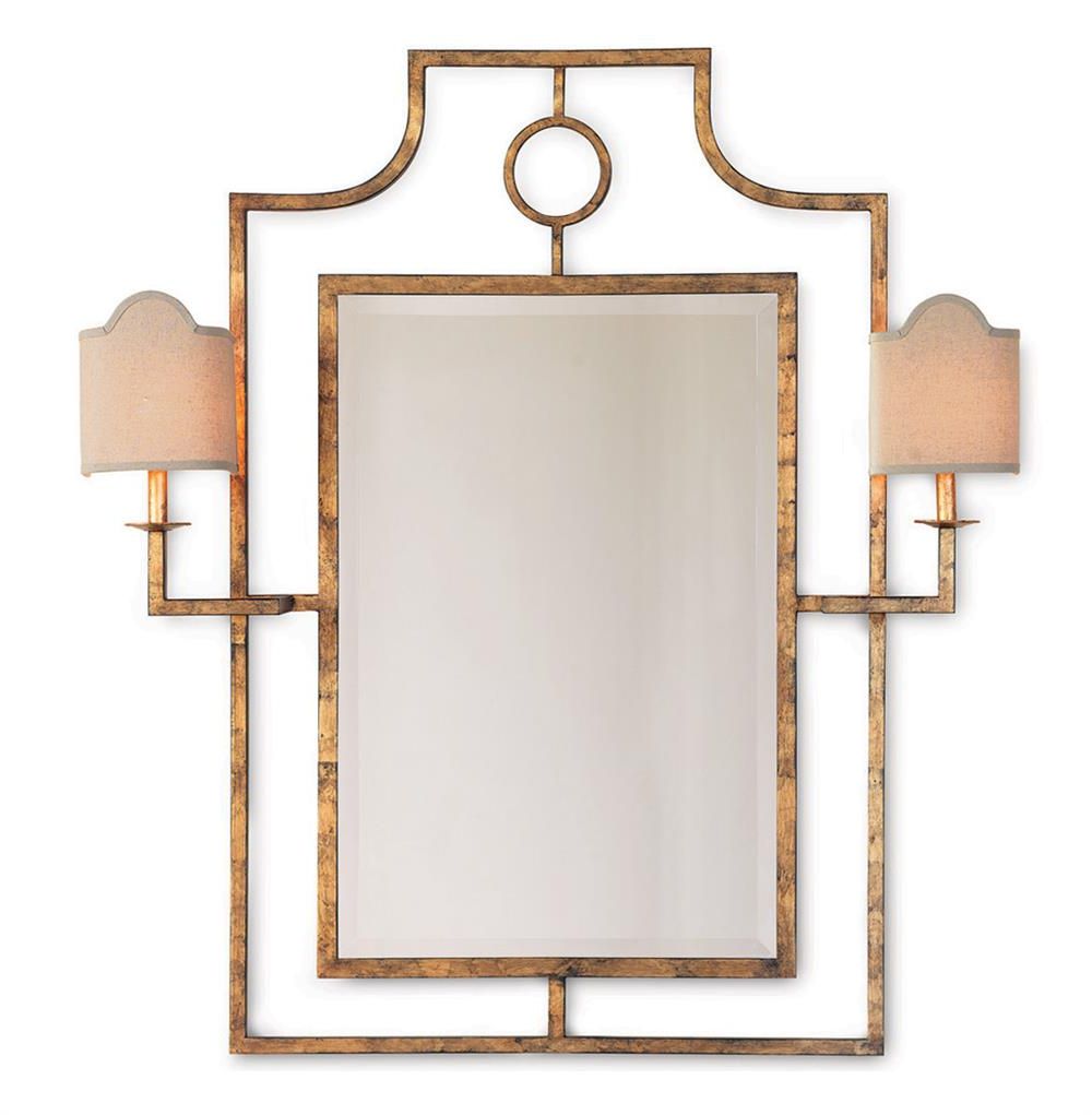 Recent Doheny Hollywood Regency Bamboo Gold Leaf Wall Mirror With Sconces Within Gold Leaf And Black Wall Mirrors (View 13 of 15)