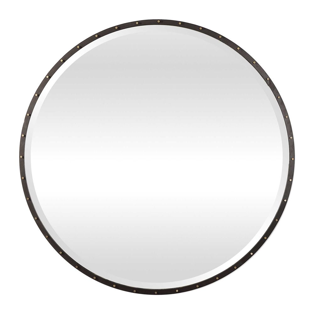 Recent Urban Industrial Black Iron Round Wall Mirror Large 42" Vanity Bath Throughout Round Bathroom Wall Mirrors (View 2 of 15)