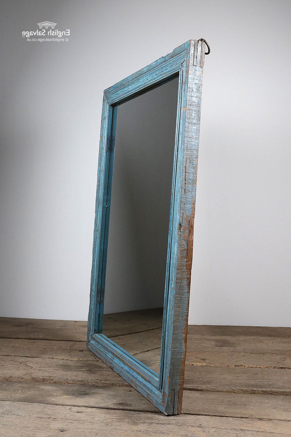Rectangular Distressed Blue Framed Mirror Pertaining To Popular Subtle Blues Art Glass Wall Mirrors (View 14 of 15)