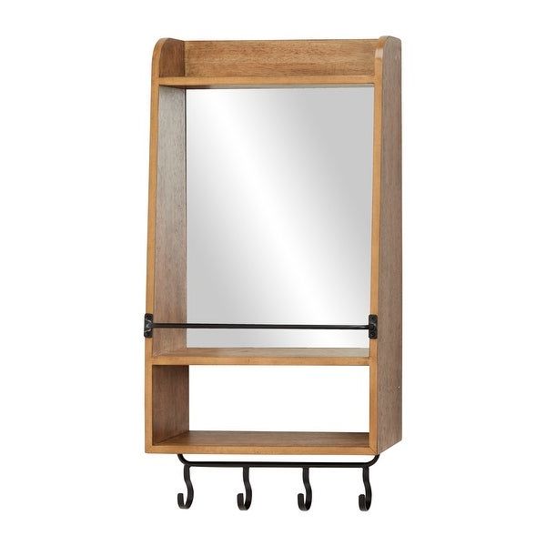 Rectangular Natural Wood Wall Mirror W Shelf And 4 Iron Hanging Hooks For Current Rectangular Chevron Edge Wall Mirrors (View 13 of 15)