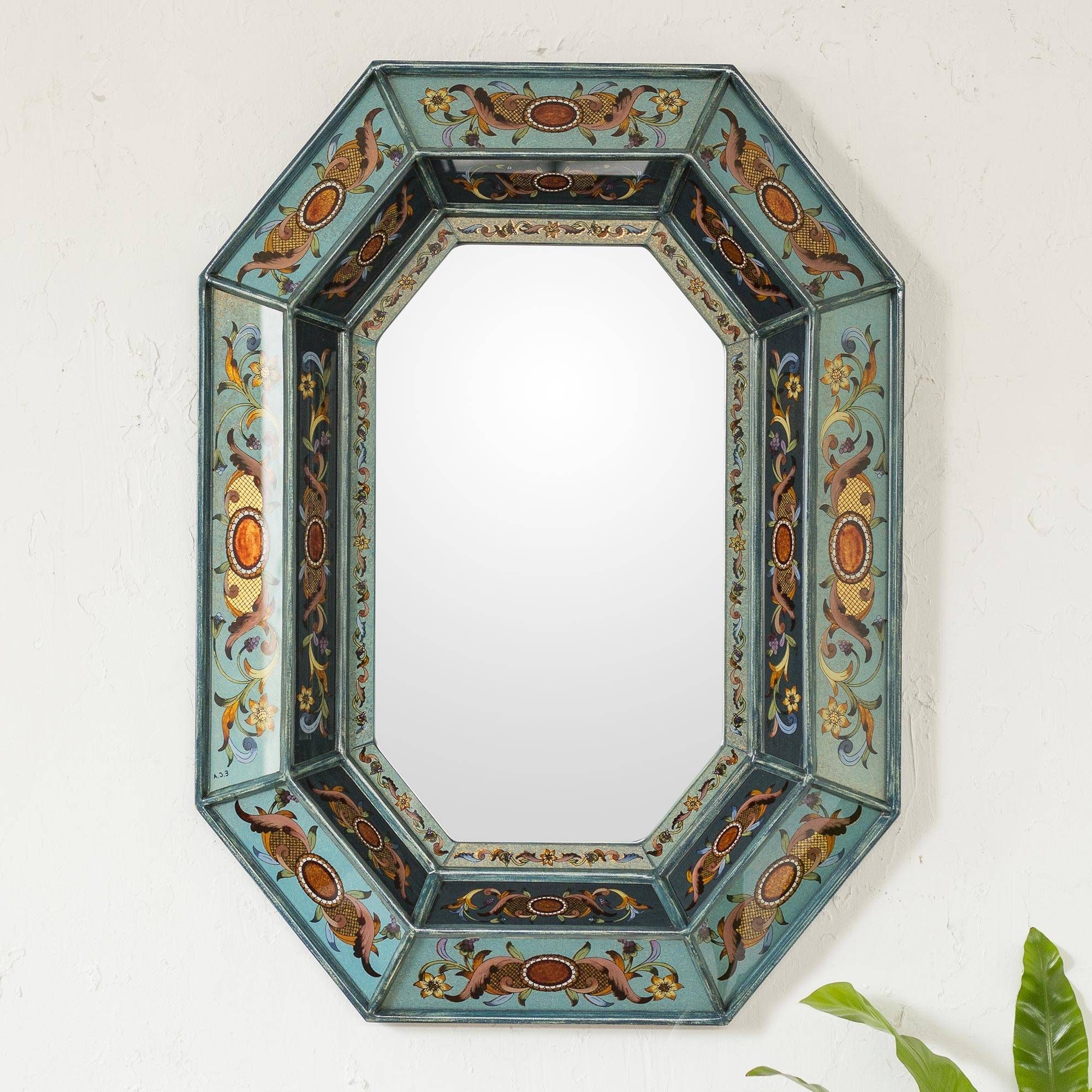 Reverse Painted Glass Wall Mirror – Medallion Sea Pertaining To Subtle Blues Art Glass Wall Mirrors (View 2 of 15)