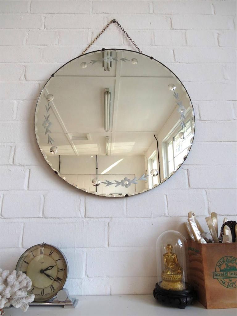Round Edge Wall Mirrors Regarding Well Known Vintage Large Round Bevelled Edge Art Deco Wall Mirror With Engraved (View 6 of 15)