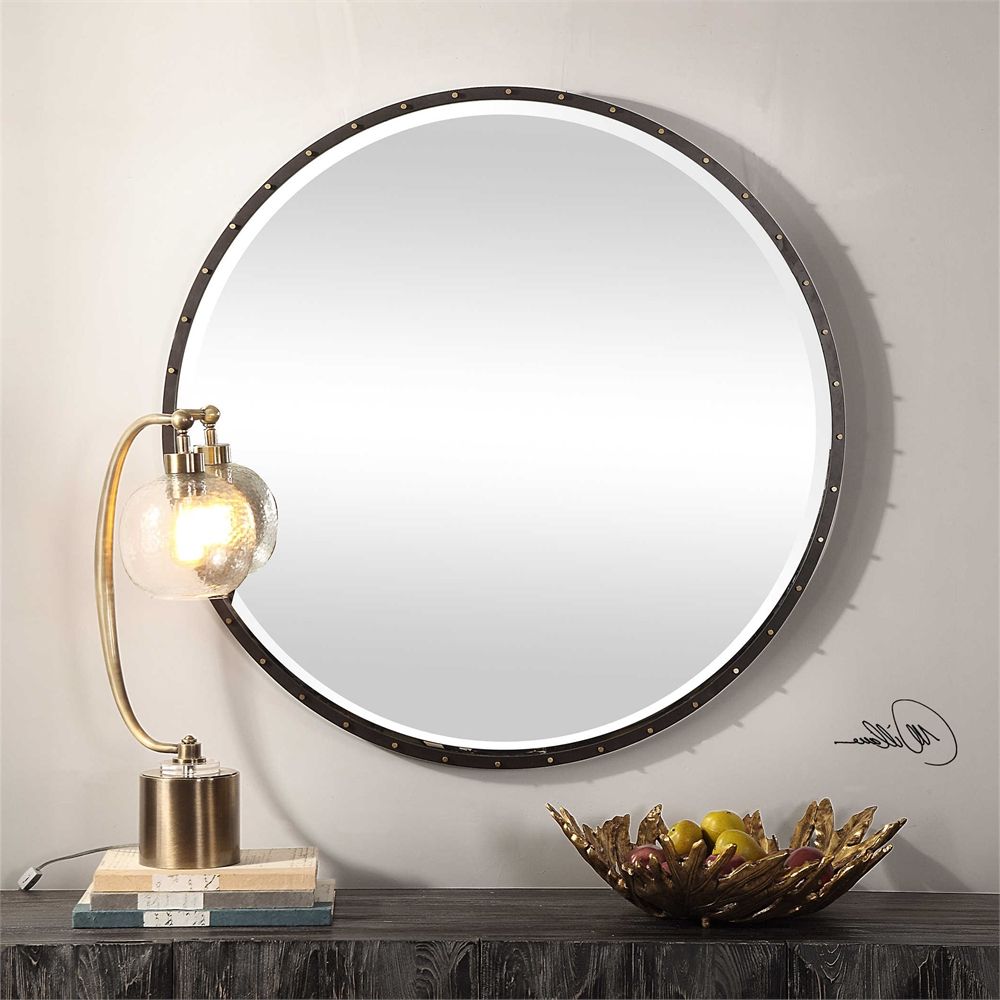 Round Metal Luxe Gold Wall Mirrors With Regard To Well Liked Urban Industrial Black Iron Round Wall Mirror Large 42" Vanity Bath (View 9 of 15)