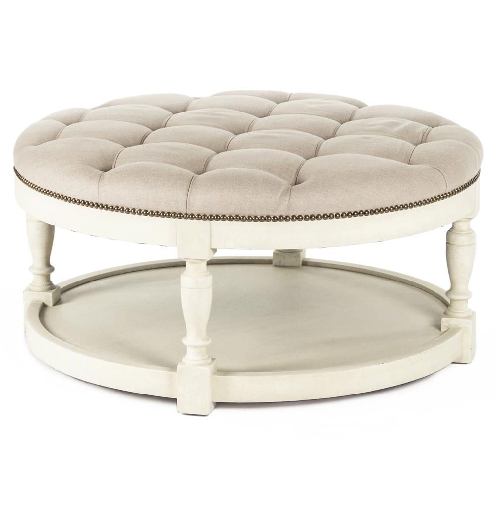 Round Staggered Nail Head Mirrors Inside Popular Marseille French Country Cream Ivory Linen Round Tufted Coffee Table (View 7 of 15)