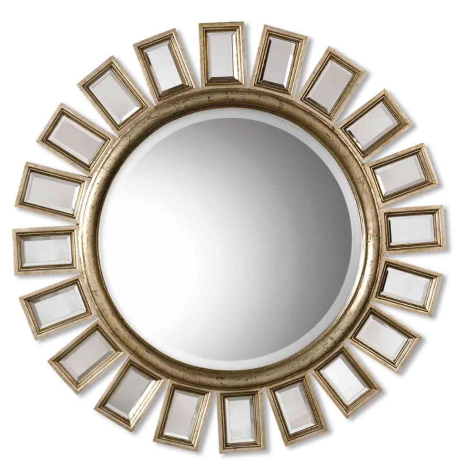 Scalloped Round Wall Mirrors Within Best And Newest 34" Distressed Silver Leaf Finish With Small Mirrors Framed Round Wall (View 14 of 15)