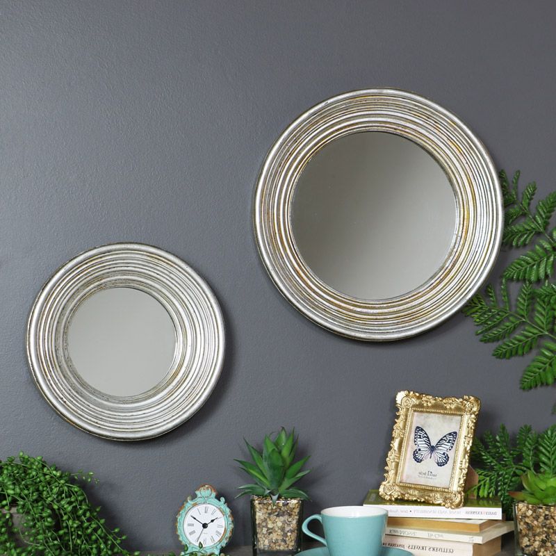 Set Of 2 Antiqued Round Silver Wall Mirrors – Melody Maison® Within Trendy Round Stacked Wall Mirrors (View 9 of 15)