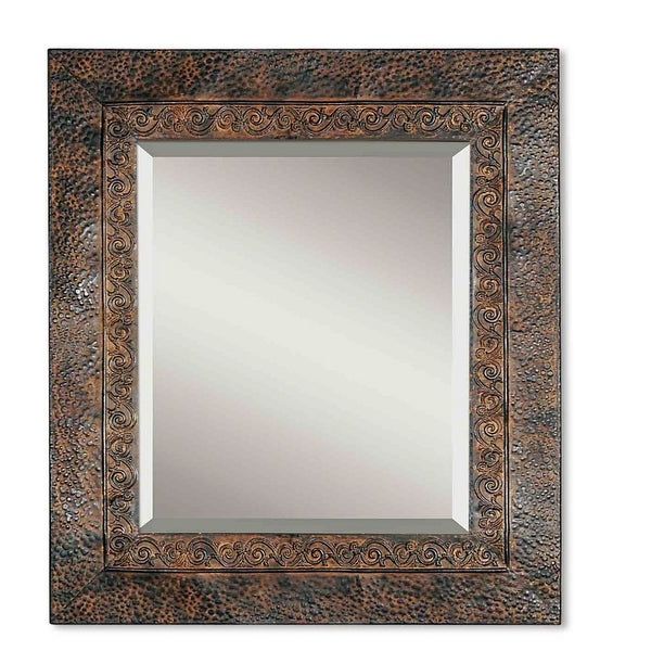 Shop 34" Rustic Brown & Black Hammered Metal Framed Beveled Rectangular With Widely Used Rustic Industrial Black Frame Wall Mirrors (View 8 of 15)