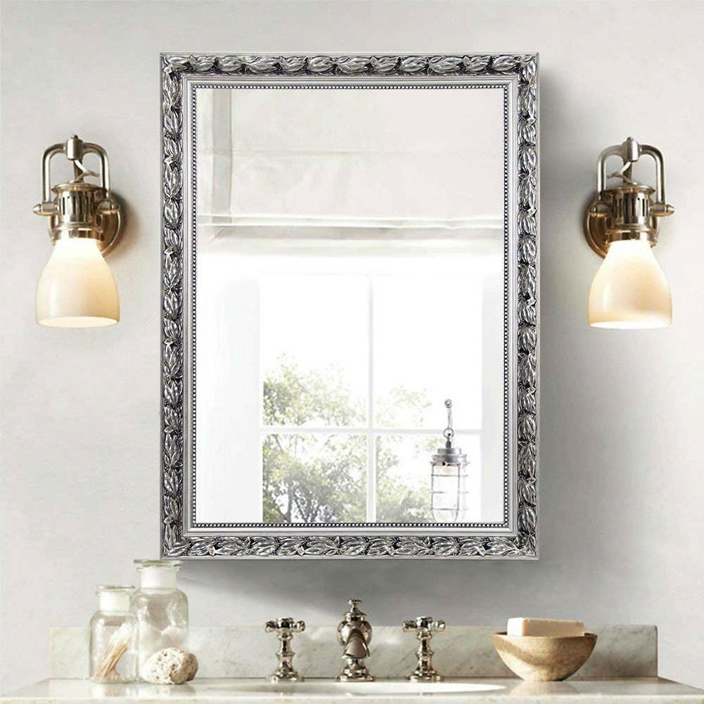 Silver Asymmetrical Wall Mirrors For Newest Large 38 X 26 Inch Bathroom Wall Mirror With Baroque Style Silver Wood (View 8 of 15)