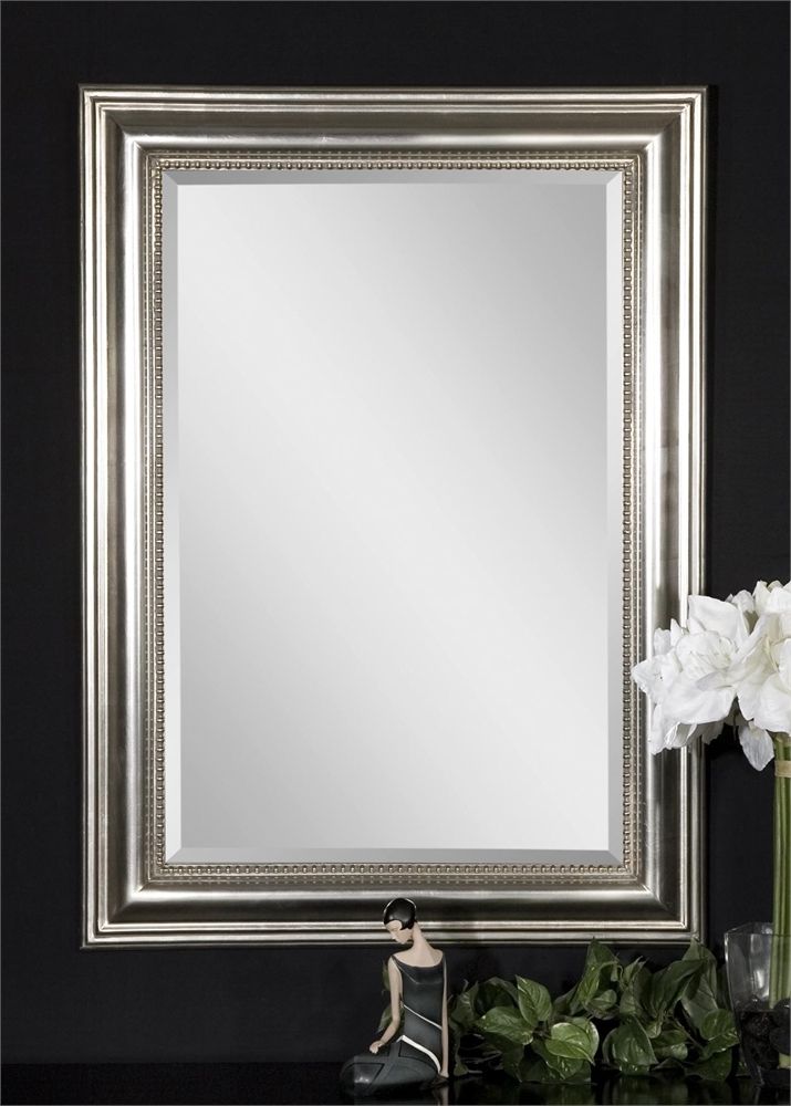 Silver Asymmetrical Wall Mirrors For Preferred Beaded Silver Leaf Rectangular Beveled Wall Mirror Large 37" Bathroom (View 7 of 15)