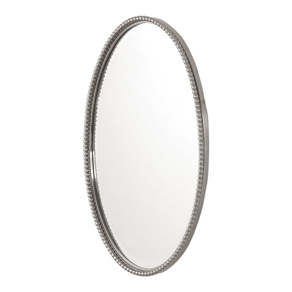 Silver Nickel Beaded Edge Oval Wall Mirror 32" Vanity Bathroom Horchow With Regard To Most Current Polished Nickel Oval Wall Mirrors (View 13 of 15)