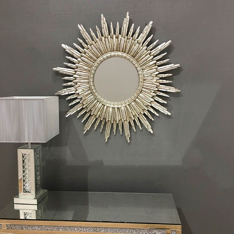 Silver Rounded Cut Edge Wall Mirrors Pertaining To Well Known Round Silver Sunburst Wall Mirror 89 X 89cm (View 7 of 15)