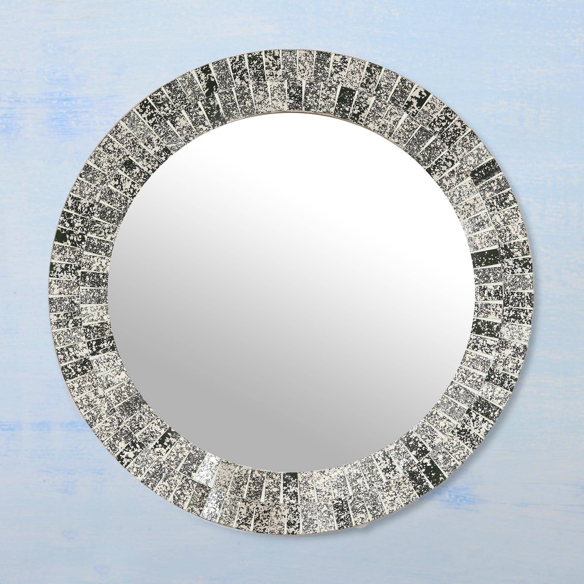 Trendy Hand Crafted Silver And Black Mosaic Tile Round Wall Mirror – Onyx Inside Midnight Black Round Wall Mirrors (View 9 of 15)