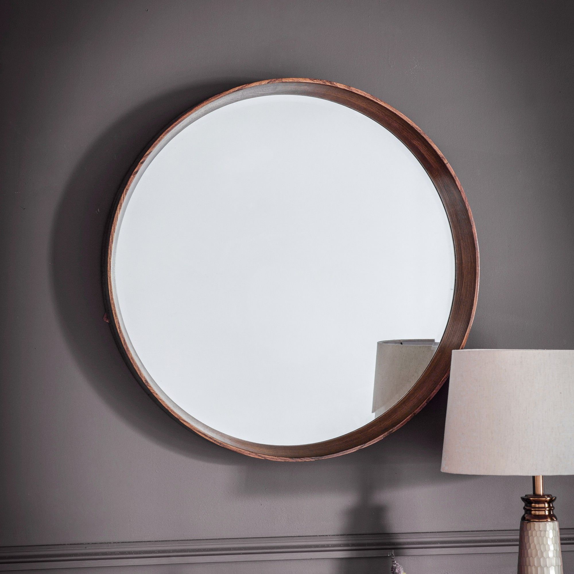 Trendy Kalem Wooden Frame Round Wall Mirror, 74cm, Walnut In Round Stacked Wall Mirrors (View 5 of 15)