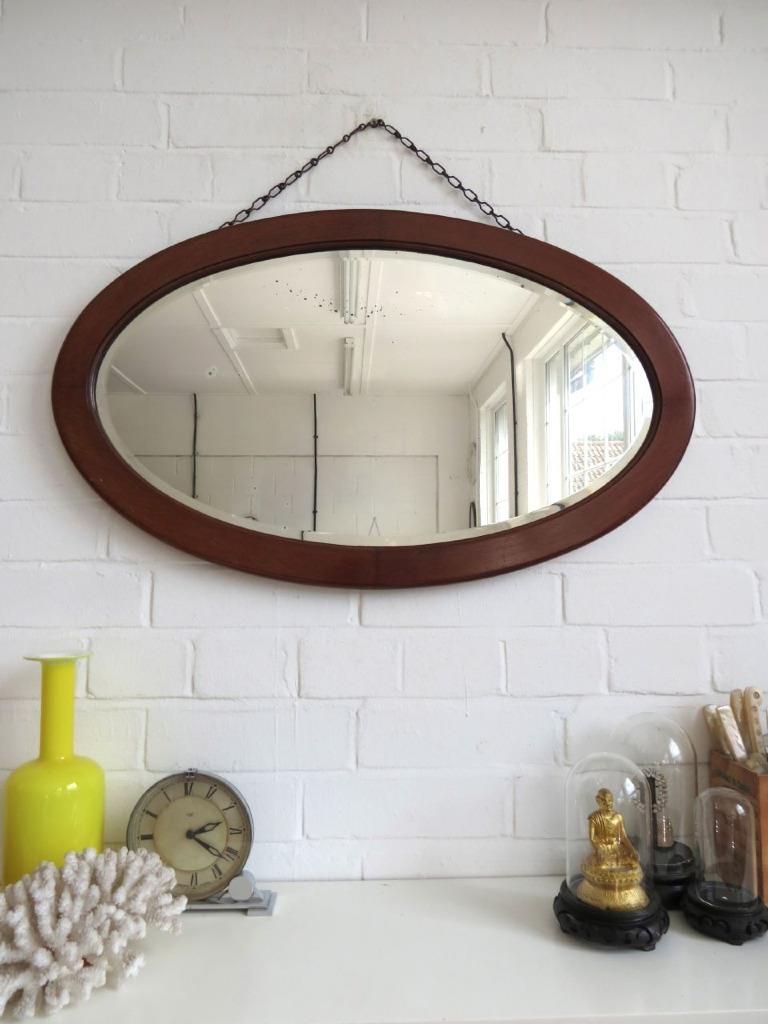 Vintage Large Oval Art Deco Bevelled Edge Wall Mirror With Wooden Frame With Regard To Well Known Edged Wall Mirrors (View 2 of 15)