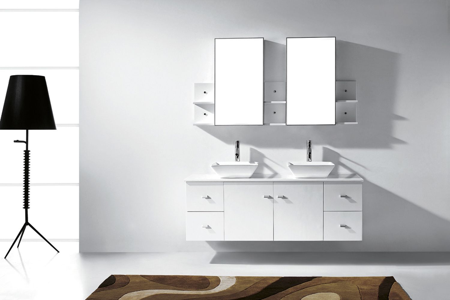 Well Known 61" Double Bath Vanity In White With Aqua Tempered Glass Top And Square Inside White Porcelain And Chrome Wall Mirrors (View 10 of 15)