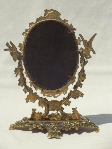 Well Known Aged Silver Vanity Mirrors Throughout Vintage Gilt Brass Mirror Vanity Stand, Ornate Fairy Tale Gold Oval Frame (View 12 of 15)
