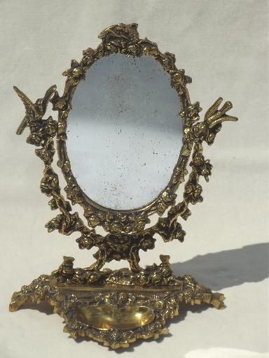 Widely Used Aged Silver Vanity Mirrors Within Vintage Gilt Brass Mirror Vanity Stand, Ornate Fairy Tale Gold Oval Frame (View 1 of 15)