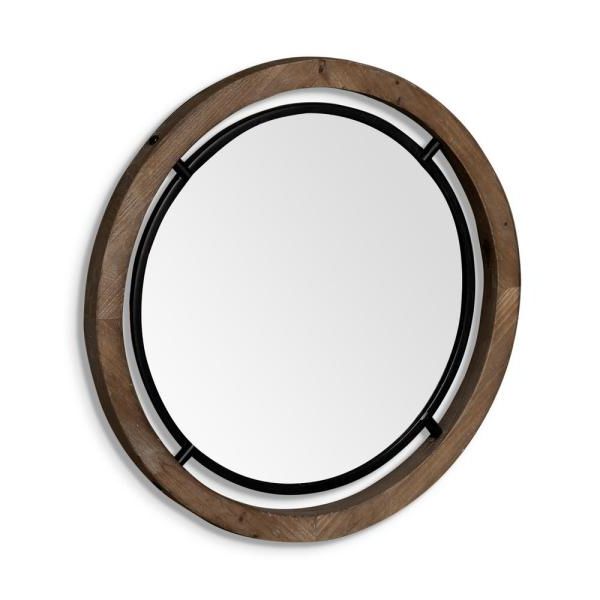 Widely Used Black Metal Wall Mirrors In Mercana Josi 24" Wide Modern Brown Wood And Black Metal Round Framed (View 8 of 15)