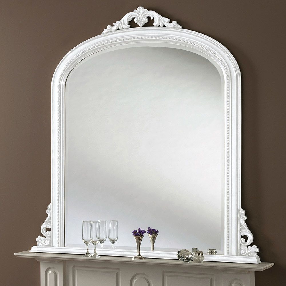 Yg313 White Overmantle Arched Top Mirror Decorative Beaded Edge Frame Throughout Well Known Silver Beaded Arch Top Wall Mirrors (View 5 of 15)