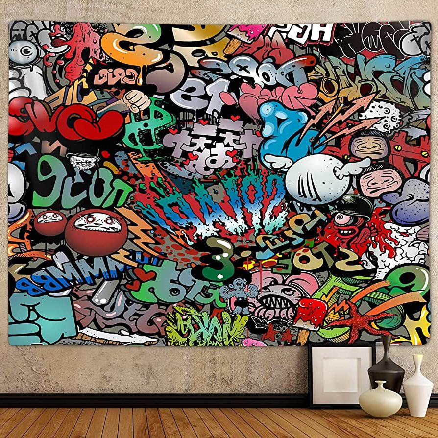 2017 Amazon: Hippie Graffiti Tapestry For Bedroom, Hip Hop Music Rap Art  Colorful Large Tapestries Wall Hanging College Dorm Living Room Office Cool  Trippy 80s 90s Guys Mens Teen Boys Decor 80x60 Poster With Hip Hop Design Wall Art (View 13 of 15)