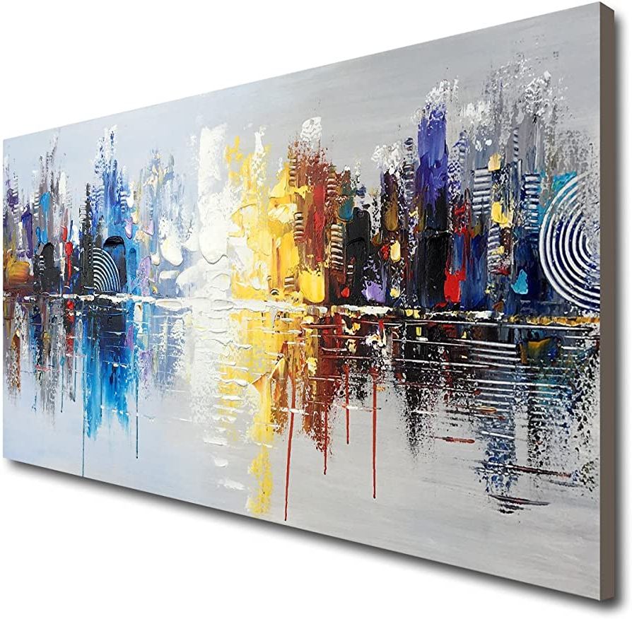 2018 Amazon: Hand Painted Cityscape Modern Oil Painting On Canvas Reflection  Abstract Wall Art Decor (48 X 24 Inch): Paintings With Oil Painting Wall Art (View 3 of 15)