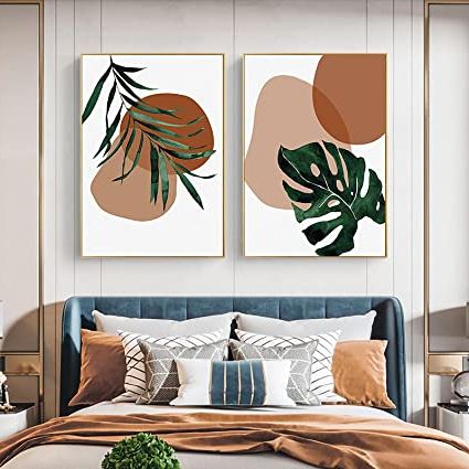 2018 Line Abstract Wall Art Pertaining To Wall Art Canvas Painting Print Abstract Minimalist Line Brown Green Plant  Leaf Poster For Living Room Decor Picture (70x100) X2 Senza Cornice :  Amazon (View 6 of 15)