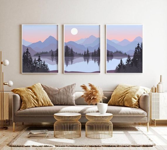 Abstract Mountain Lake Print Set Of 3 Blue Grey Peach – Etsy France Intended For Recent Mountain Lake Wall Art (View 1 of 15)