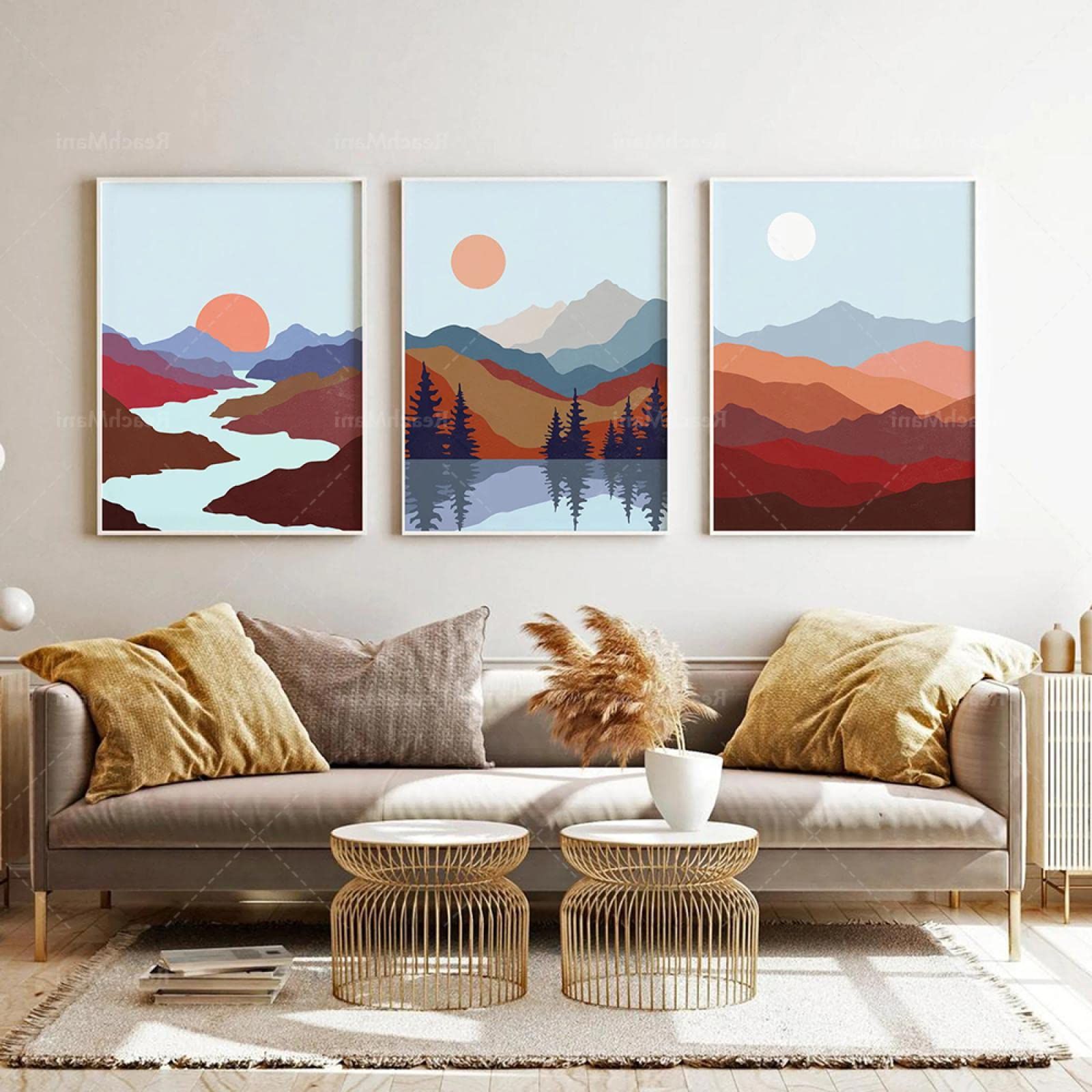 Abstract Terracotta Landscape Wall Art Inside Most Recent Amazon: Abstract Landscape Printable Wall Art, 3 Piece Set Of Mountain  And Lake Prints, Mid Century Modern Art, Blue Rust Terracotta Pri 50*70cmx3  Frameless : Everything Else (View 6 of 15)