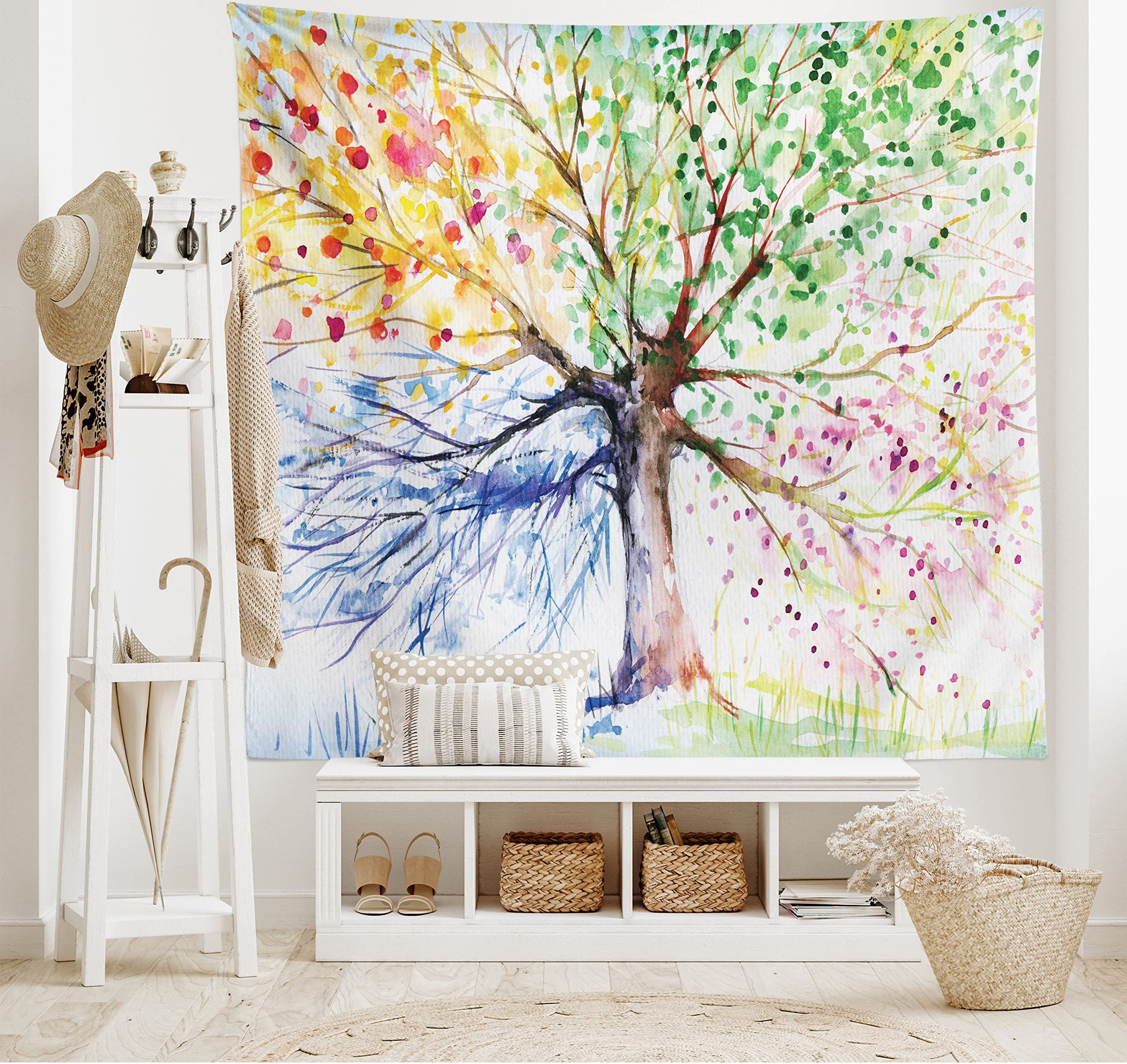 Amazon: Ambesonne Tree Tapestry, Watercolor Nature Colorful Blooming  Branches 4 Seasons Themed Illustration Print, Wall Hanging For Bedroom  Living Room Dorm Decor, 40" X 60", White Green : Industrial & Scientific For 2018 Colorful Branching Wall Art (View 13 of 15)