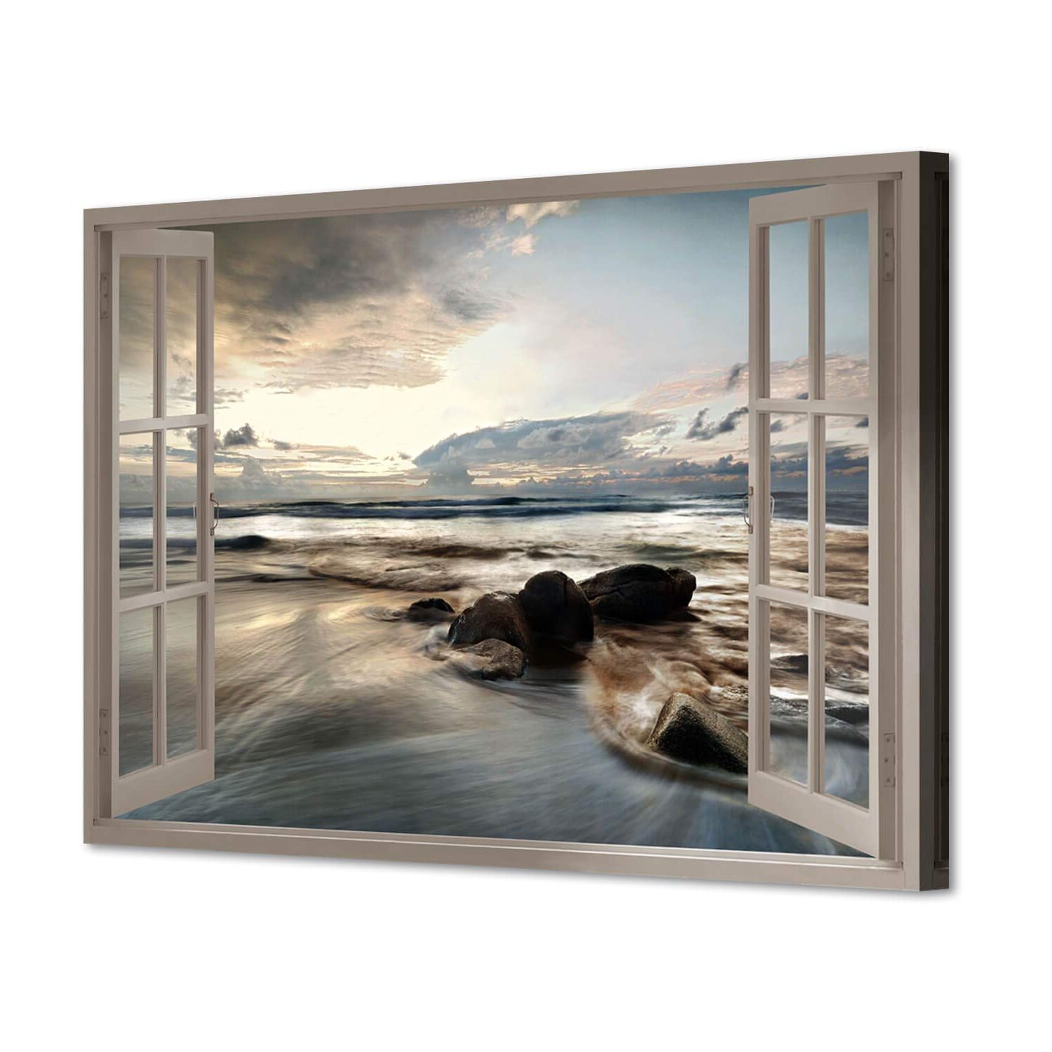 Amazon: Artistic Path Fake Window Canvas Wall Art: Open Window View  Rocky Beach With Distant Sunset Prints Artwork For Office (36''w X  24''h,multi Sized): Posters & Prints Regarding Well Known The Open Window Wall Art (View 9 of 15)