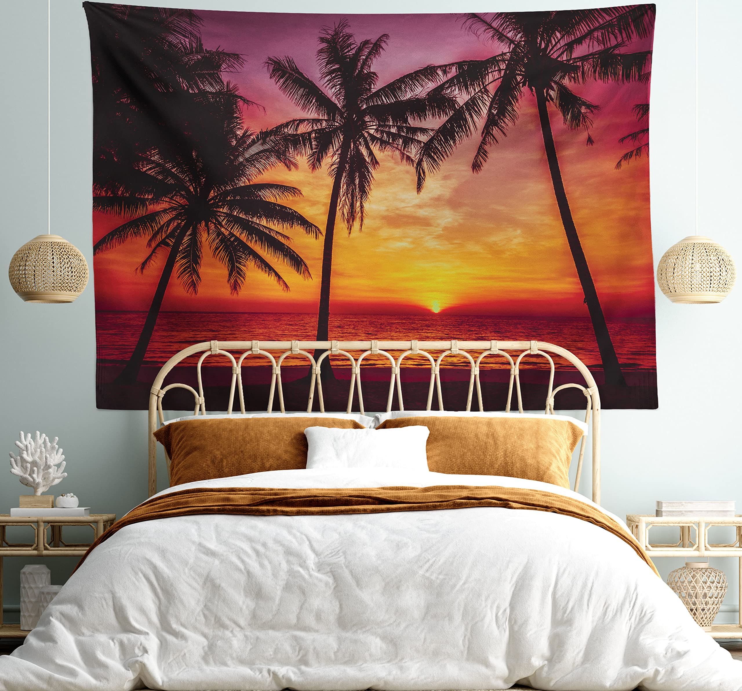 Amazon: Lunarable Tropical Tapestry King Size, Sunset Tropical Beach  With Palm Trees Peaceful Ocean Evening View Resort, Wall Hanging Bedspread  Bed Cover Wall Decor, King Size, Black Orange : Home & Kitchen Within Trendy Tropical Evening Wall Art (View 9 of 15)