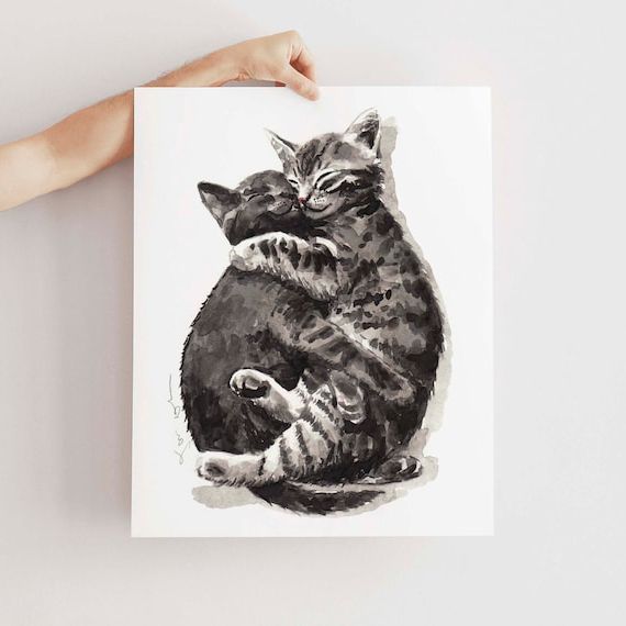 Art Print Kitty Hugs Cats Painting Cat Wall Decor Kitty Print – Etsy For Favorite Cats Wall Art (View 4 of 15)