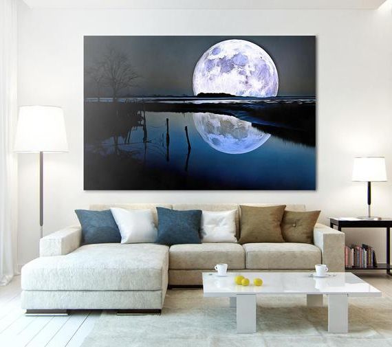 Best And Newest The Moon Wall Art Throughout Night Moon Canvas, Moon Wall Art, Moon Poster, Moon Print, Nature Painting,  Landscape Picture, Moon Room Decor, Moon Interior Print – Printbro (View 6 of 15)