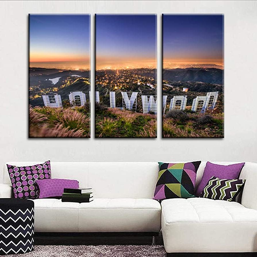 California Living Wall Art Inside Popular Amazon: Tumovo Vintage Wall Art Painting Sign In Mountain Overlooking  Los Angeles Prints On Canvas California Usa Pictures Cityscape Poster Art  Work Printing For Home Modern Decoration 40''x20''x3 Pcs: Posters & Prints (View 4 of 15)