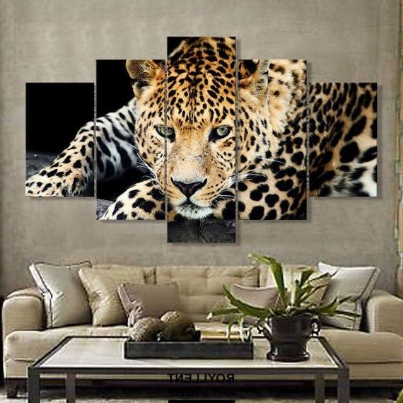 Cheetah Wall Art Within Well Liked 5 Panels Cheetah Canvas Art Multi Poster Piece Art Work (View 8 of 15)