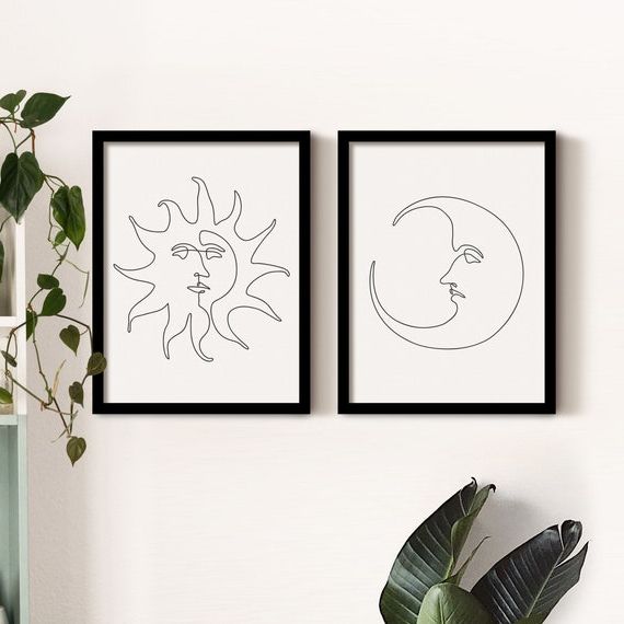 Current Boho Sun And Moon Wall Art Set De 2 Estampes One Line Drawing – Etsy France Intended For The Moon Wall Art (Photo 5 of 15)
