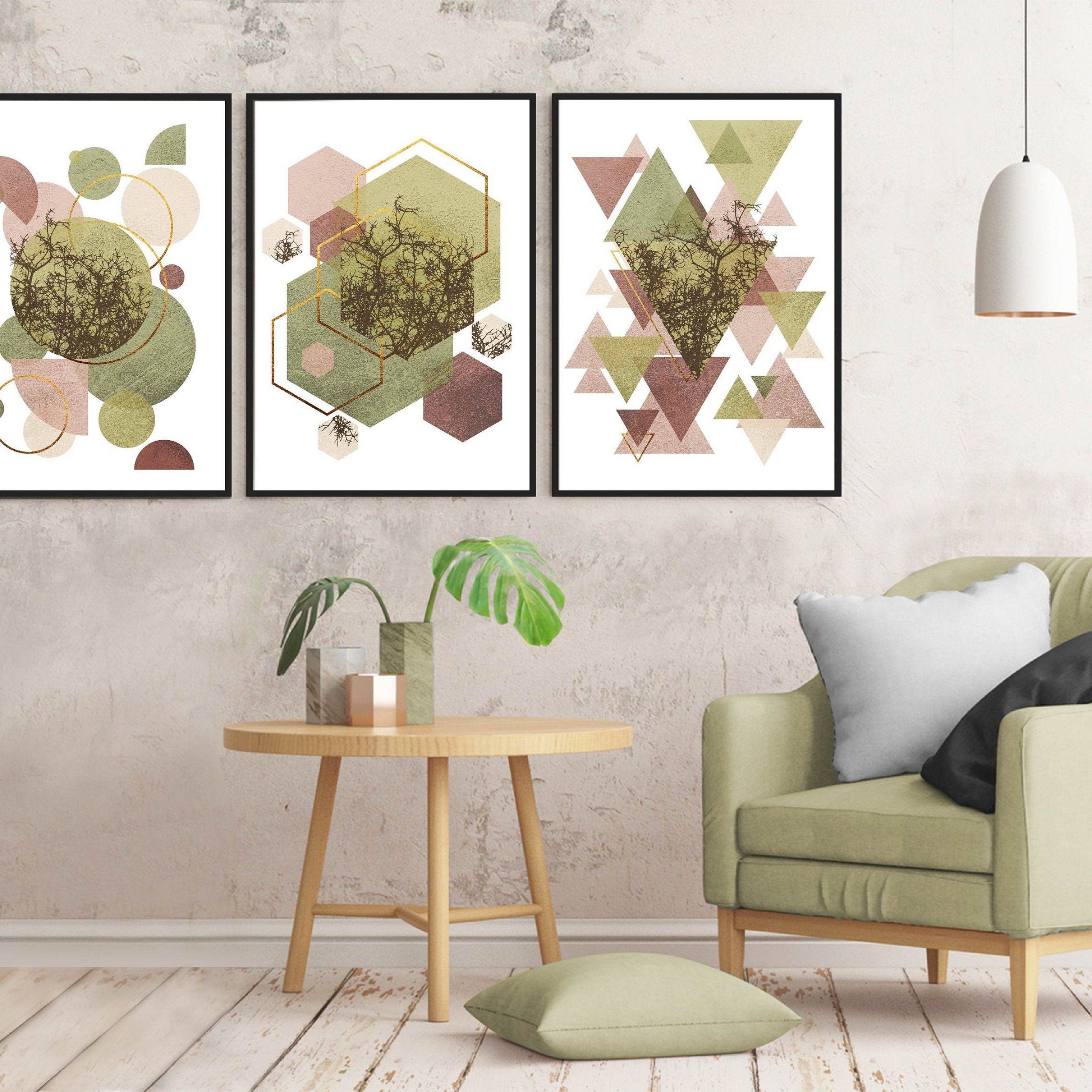 Current Olive Green Wall Art Regarding Set Of 3 Scandinavian Posters Geometric Burgundy Green Blush – Etsy (View 9 of 15)
