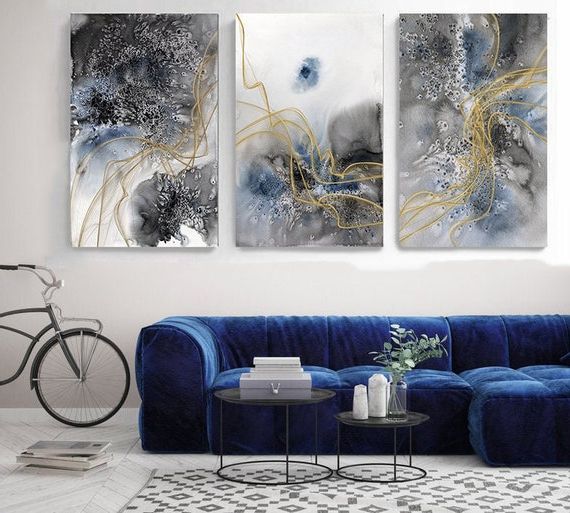Famous Abstract Flow Wall Art Throughout Blue Flow Contemporary Triptych Canvas Art Prints 3 Panneaux – Etsy France (View 2 of 15)
