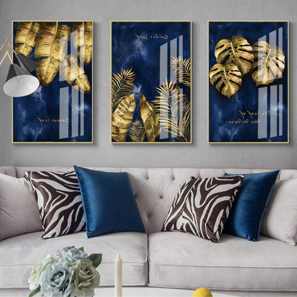 Famous Golden Wall Art Regarding Modern Nordic Luxury Navy Blue Gold Abstract Texture Canvas Print Wall Art  Poster Decorative Painting For Living Room Home Decor/50x70cmx3pcs No Frame  : Amazon.co (View 8 of 15)