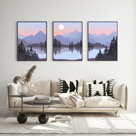 Fashionable Abstract Mountain Lake Print Set Of 3 Blue Grey Peach – Etsy France Throughout Mountain Lake Wall Art (View 2 of 15)