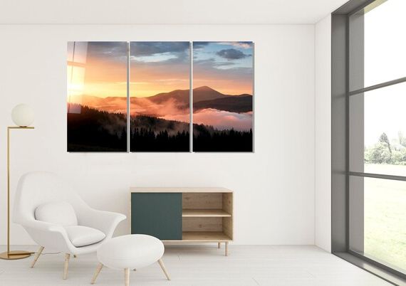 Fashionable Sunrise Wall Art Within Mountain Sunrise Wall Art Foggy Forest Glass Print Woodland – Etsy France (View 10 of 15)