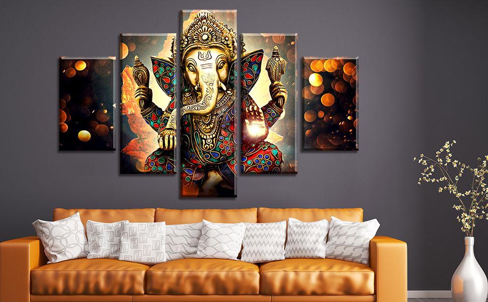 Favorite Indian Wall Art Inside Amazon: Large 5 Pieces Lord Ganesha Indian Wall Decor – Hindu Temple  Puja Mandir For Home – Elephant Zen Photo Picture Canvas Print Paintings  For Living Room House Wooden Framed Decorations (60"w (View 15 of 15)