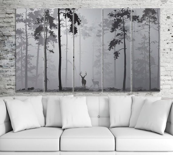 Forest Wall Art Deer Canvas Print Silhouette Forest Abstract – Etsy Italia Within Most Current Forest Wall Art (View 15 of 15)