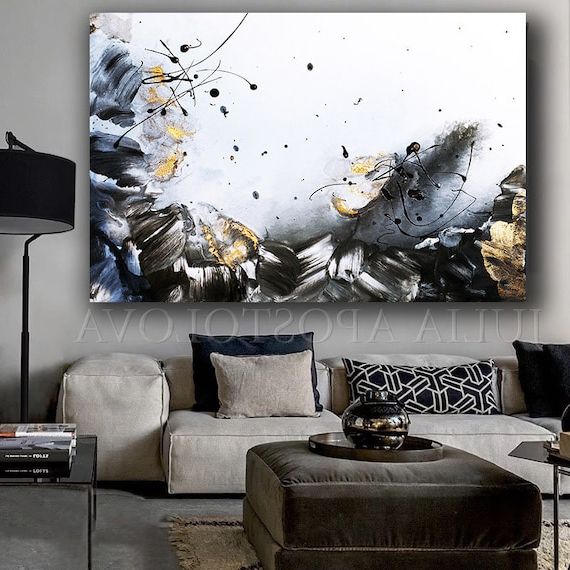 Golden Wall Art Intended For Current Extra Large Wall Art Gold Leaf Painting Black White Wall Art – Etsy France (View 10 of 15)